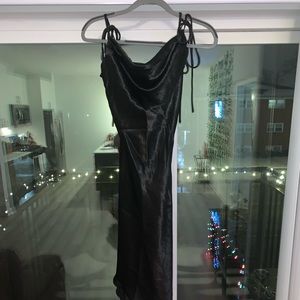 Black Satin Asymmetrical Midi Dress